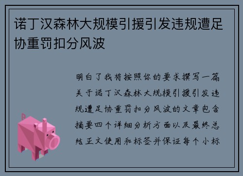 诺丁汉森林大规模引援引发违规遭足协重罚扣分风波 诺丁汉森林大规模引援引发违规遭足协重罚扣分风波